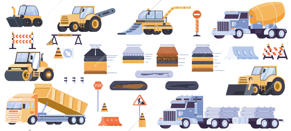 Road surface set with pavement technology symbols flat isolated vector illustration