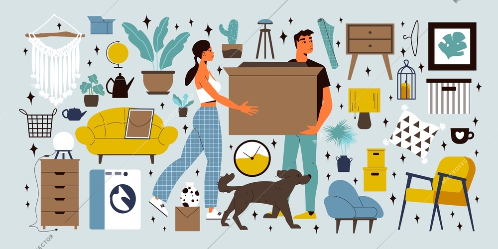 Family moving big set of home interior elements and couple holding box with household items flat vector illustration