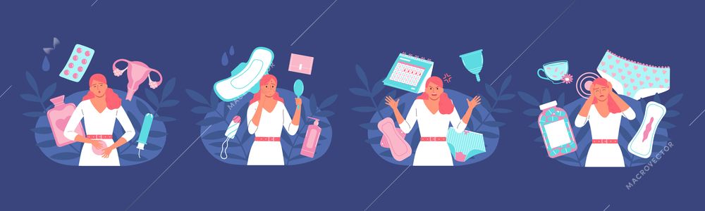 Menstruation flat compositions on blue background with women suffering from premenstrual syndrome and menstrual pain isolated vector illustration