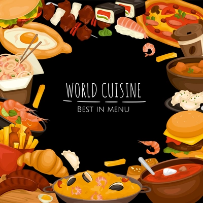 Cuisines world frame composition with chalkboard style ornate text surrounded by icons of served gourmet dishes vector illustration