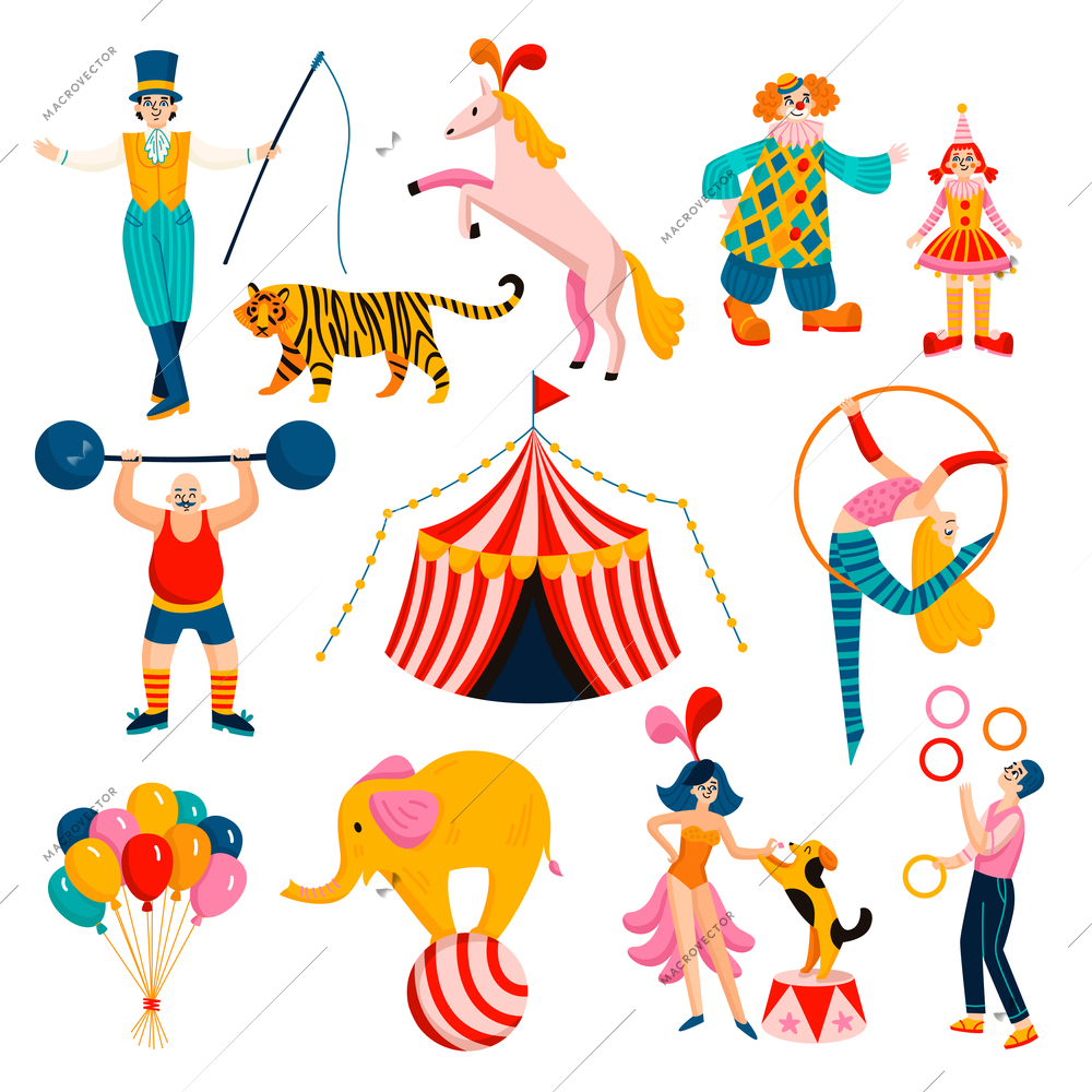 Circus icon set with circus artists magicians balloons circus tent trained animals and tamers vector illustration