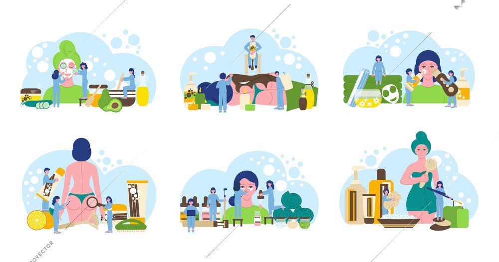 Set with six isolated care procedure flat compositions with silhouettes of foam bubbles women and cosmetologists vector illustration