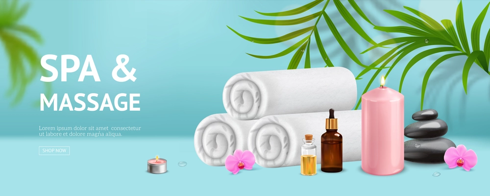 Realistic spa ads horizontal poster with editable text exotic leaves towels aroma oil vials and candle vector illustration
