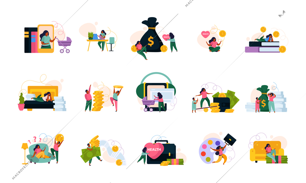 Set of isolated people earning money flat background icons with coins valuable goods goals and characters vector illustration