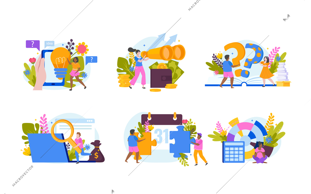 Set with six isolated searching decisions concept flat compositions with human characters and conceptual pictogram icons vector illustration