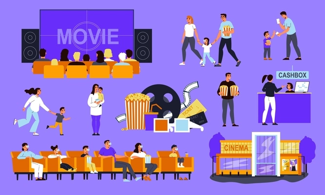 Cinema movie color set with isolated icons of watchers with screen loudspeakers and cashbox with facade vector illustration