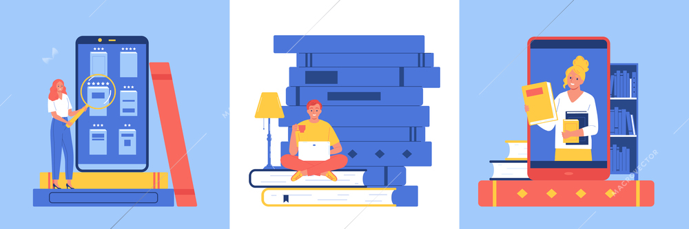 Online library design concept set of three square icons with people searching literature by smartphone app flat vector illustration