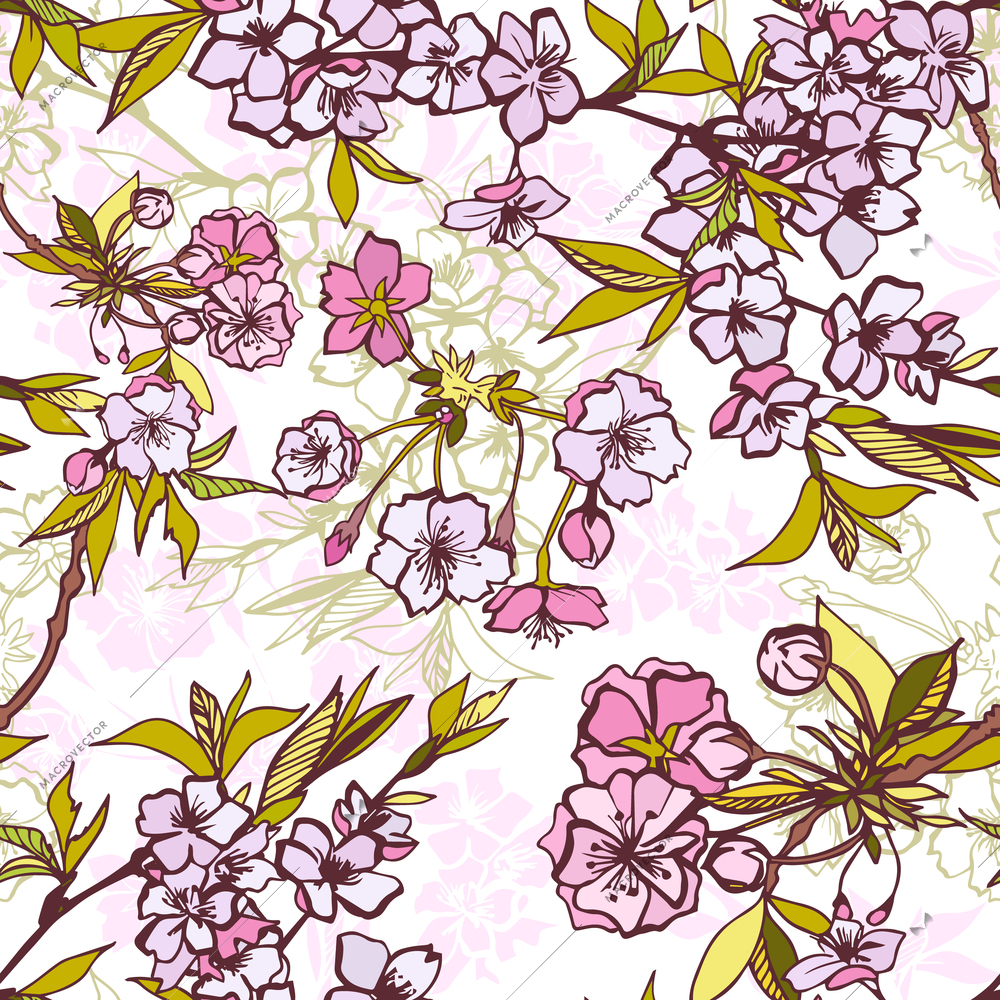 Seamless background pattern with blossoming cherry or sakura elements vector illustration