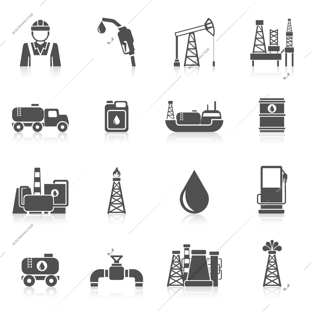 Oil industry black icons set with worker gasoline dispenser drilling plant isolated vector illustration