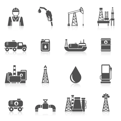 Oil industry black icons set with worker gasoline dispenser drilling plant isolated vector illustration