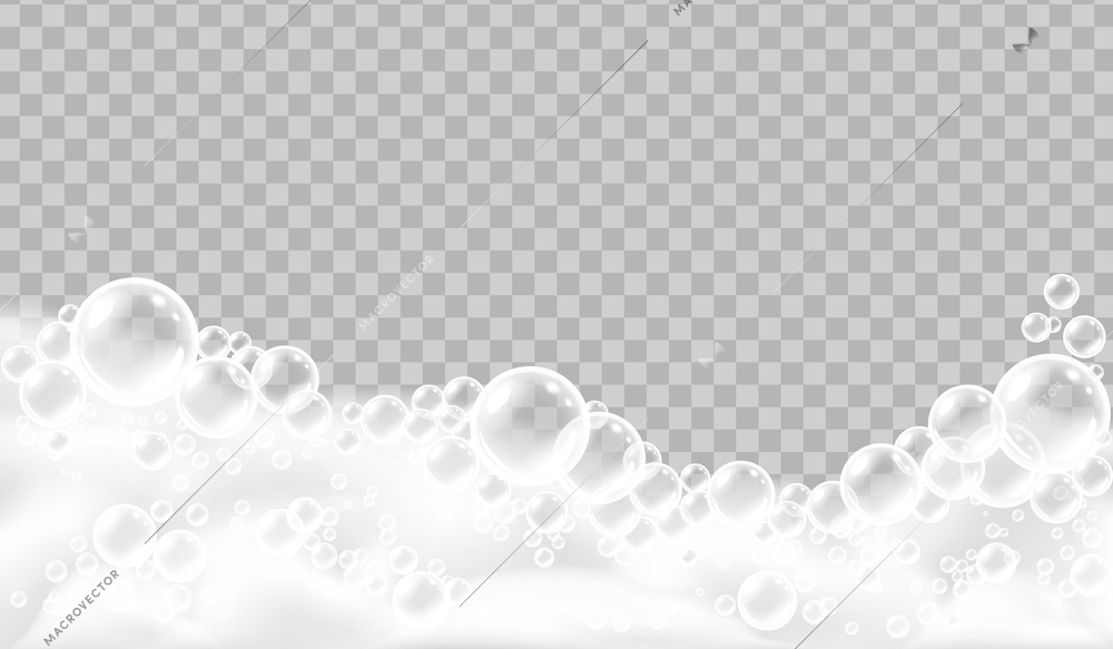 Bath foam realistic concept large bubbles of lush white foam on the surface with transparent background vector illustration