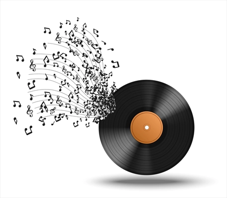 Vinyl record music realistic composition abstraction with musical notes flying out of the record vector illustration