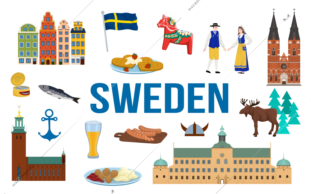 Sweden touristic travel set with culture and food symbols flat isolated vector illustration