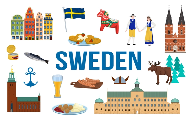 Sweden touristic travel set with culture and food symbols flat isolated vector illustration