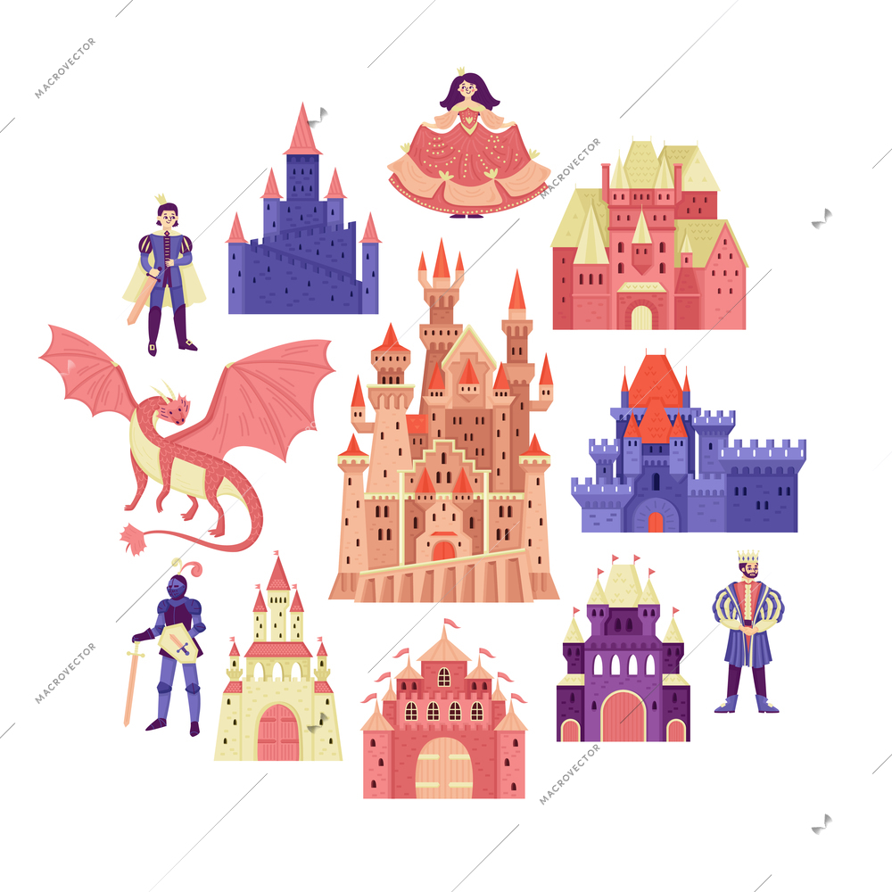 Kingdom composition with doodle characters of prince knight king and princess with icons of fairytale castles vector illustration