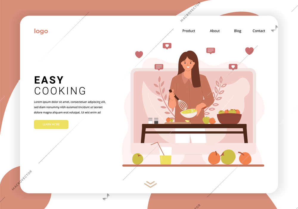 Easy cooking web site template with female blogger image on landing page and place for logo flat vector illustration