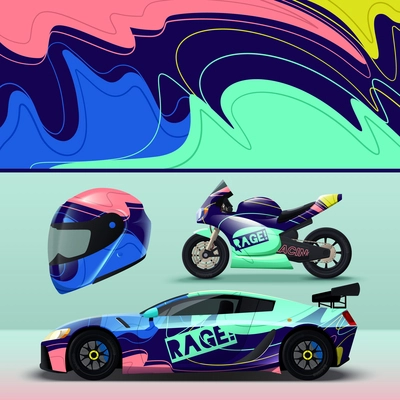 Realistic color abstract livery mockup for racing vehicles and helmet isolated vector illustration