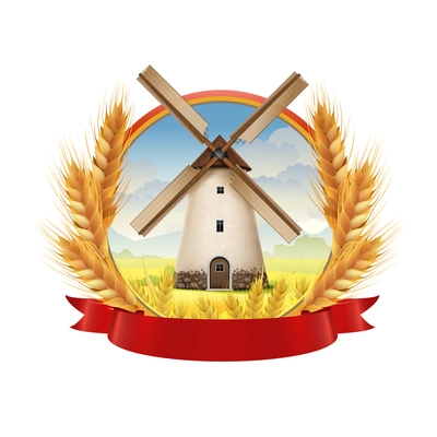 Mill emblem decorated with grain spikes and red ribbon realistic composition isolated vector illustration