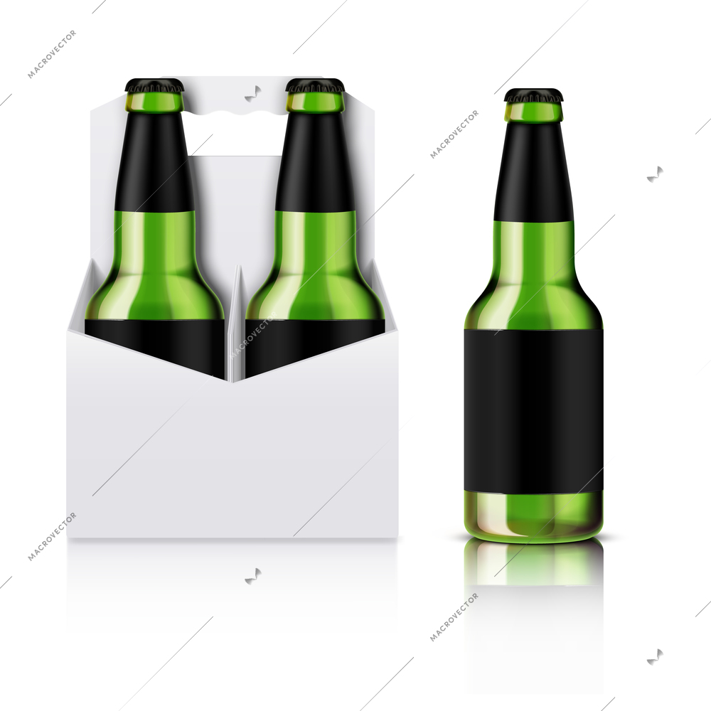 Green glass beer bottle and white pack cardboard box for four bottles with handle  realistic composition vector illustration