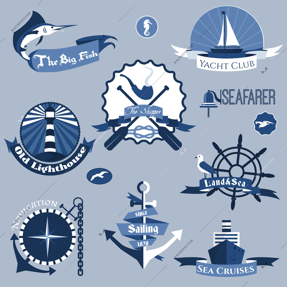 Sea nautical navigation skipper blue labels set isolated vector illustration