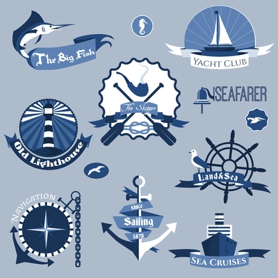 Sea nautical navigation skipper blue labels set isolated vector illustration