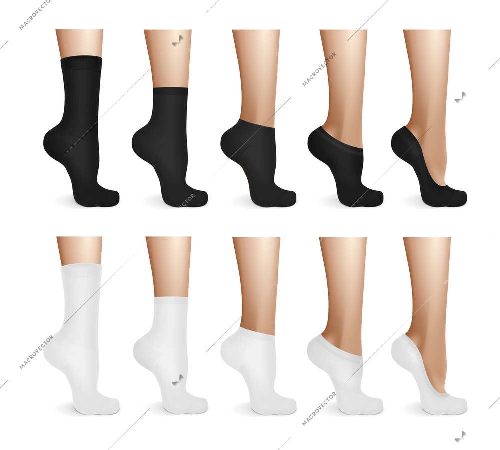 Realistic set of shapely female legs in white and black socks of different types isolated vector illustration