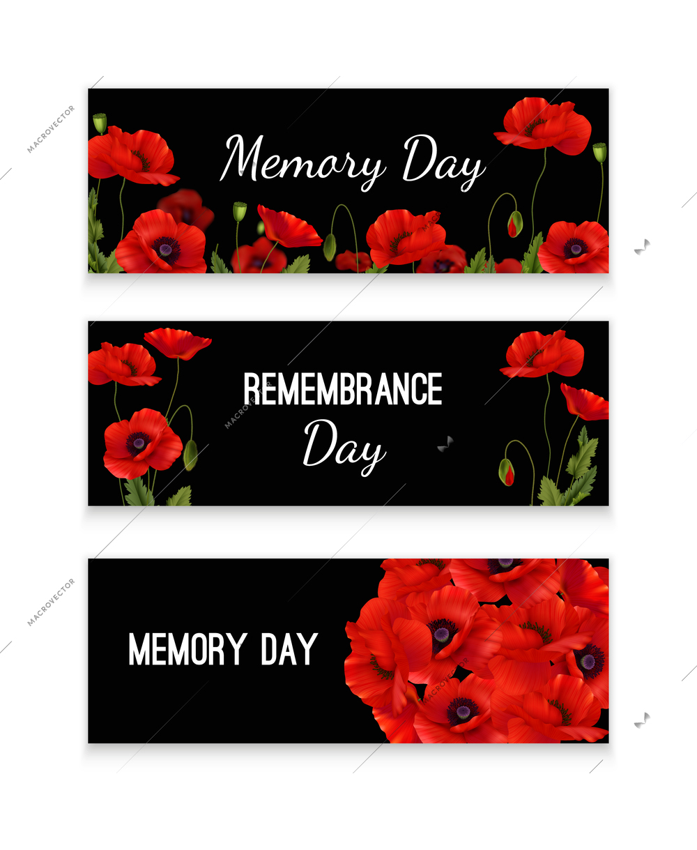 Memory day horizontal banners decorated with red poppies flowers on black background realistic vector illustration