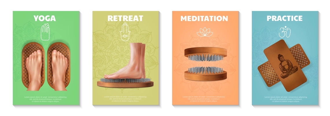 Realistic vertical poster set with wooden sadhu nail boards for yoga practice meditation retreat isolated vector illustration