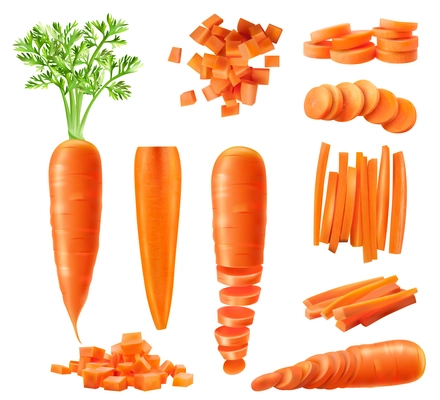 Realistic carrot set with isolated icons of fresh vegetable sliced into different shapes on blank background vector illustration