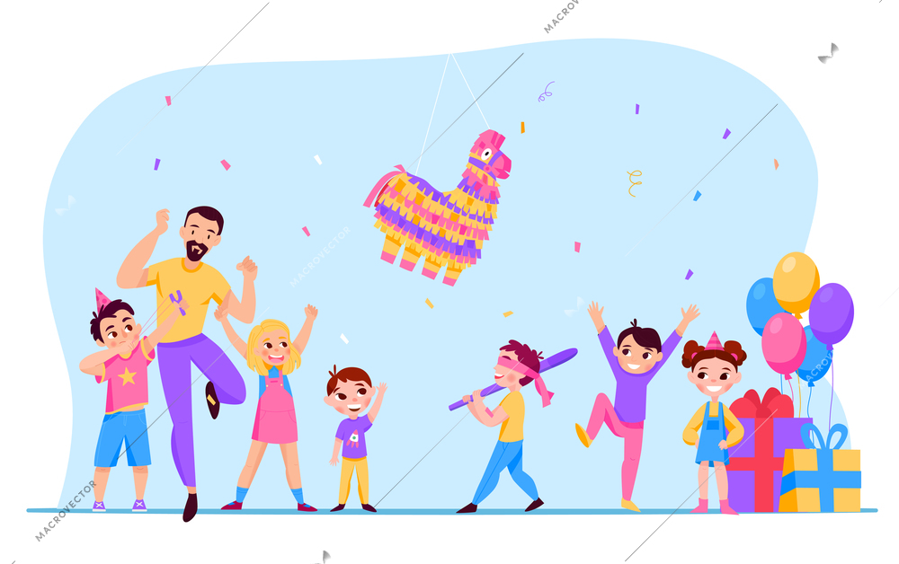 Mexican pinatas colored concept six children and one adult play a game blindfolded and try to break a pinata horse vector illustration