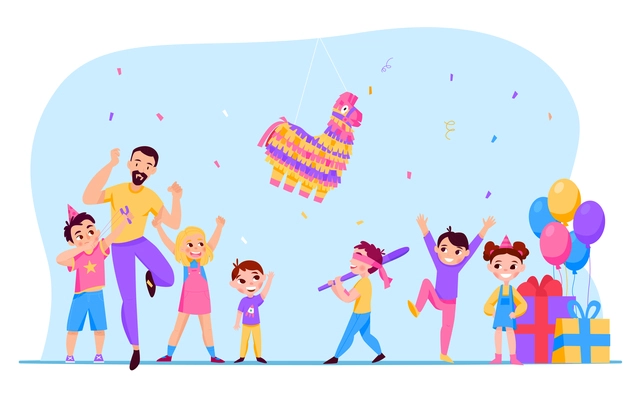 Mexican pinatas colored concept six children and one adult play a game blindfolded and try to break a pinata horse vector illustration