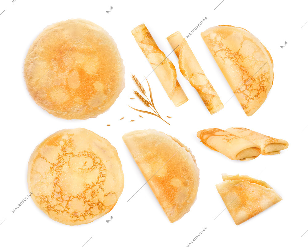 Maslenitsa thin pancakes realistic set of round wrapped rolled folded in half and in four items isolated vector illustration