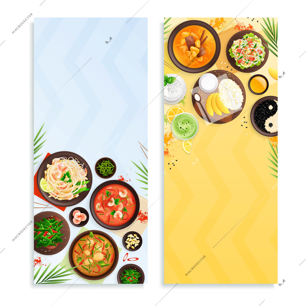 Traditional thai cuisine vertical banners decorated by ceramic plates with tom yum goong pad thai kanom jeen dishes flat vector illustration