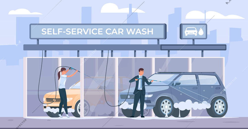 Self car wash flat composition with outdoor scenery and view of building with people washing automobiles vector illustration