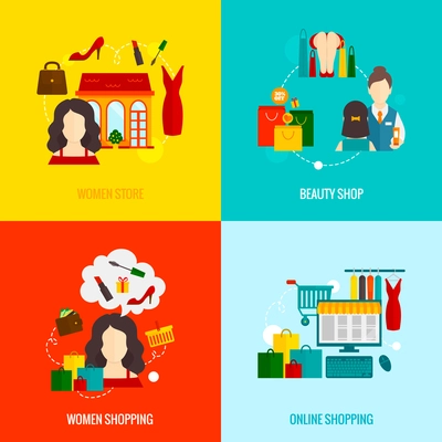 Woman online shopping design concepts set with beauty store flat icons set isolated vector illustration