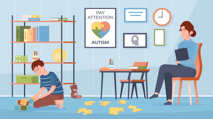 Autism composition with childrens room flat interior and characters of tutor and autistic boy playing cubes vector illustration