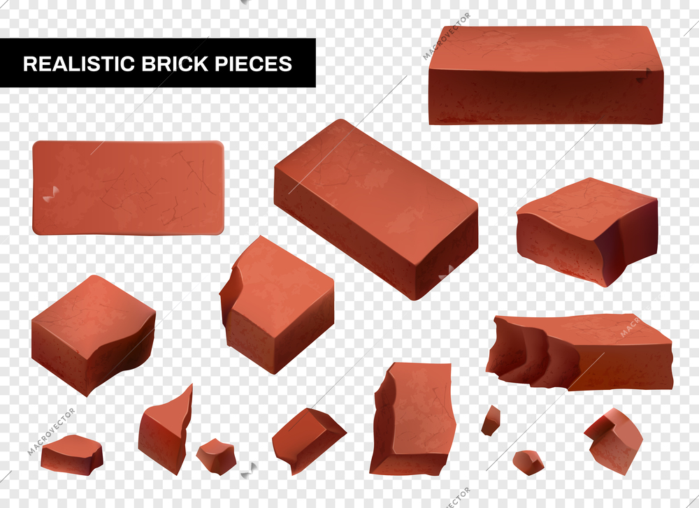 Whole and broken brick wall pieces set isolated on transparent background realistic vector illustration