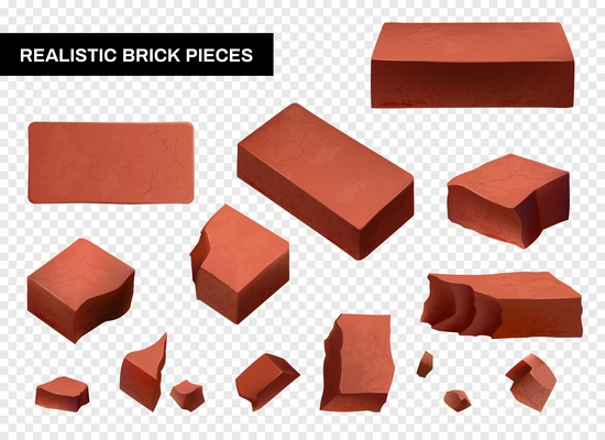 Whole and broken brick wall pieces set isolated on transparent background realistic vector illustration