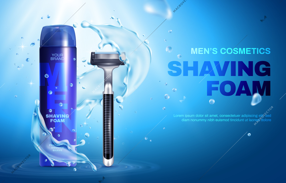 Men consmetics poster with realistic shaving foam pack and razor blade vector illustration