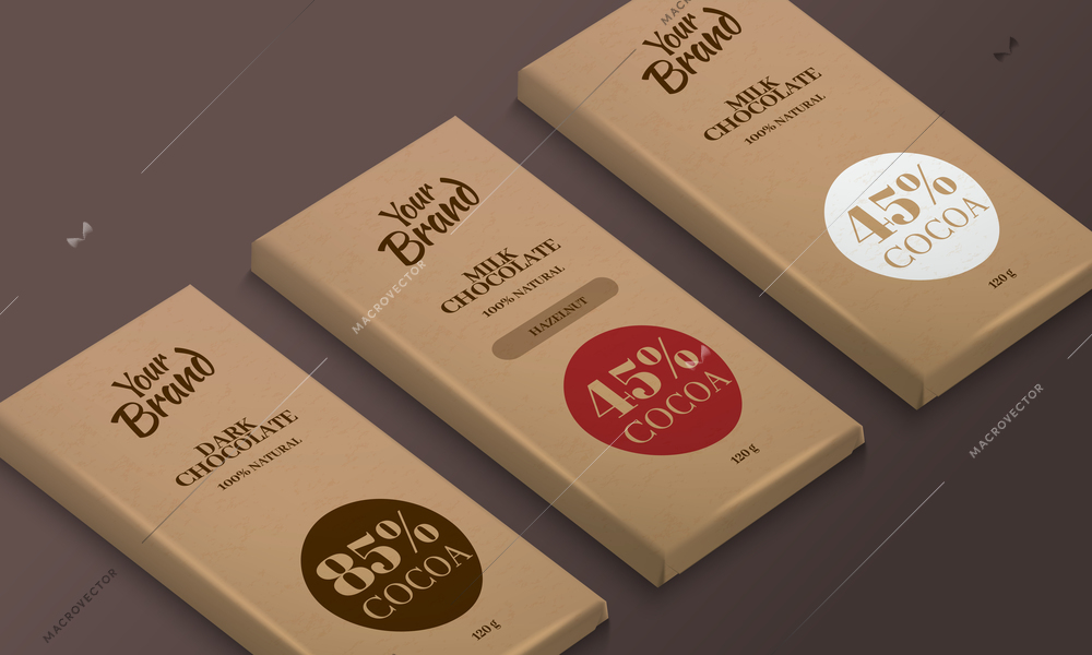 Realistic set of eco chocolate bars in craft cardboard packs vector illustration