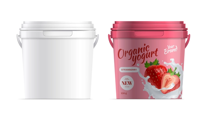 Realistic plastic bucket with organic yogurt logo isolated vector illustration