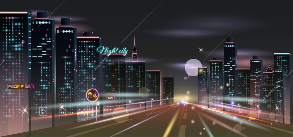 Night city realistic composition with background view of nocturnal cityscape with motorway skyscrapers and glowing lights vector illustration