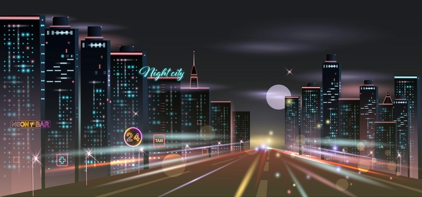 Night city realistic composition with background view of nocturnal cityscape with motorway skyscrapers and glowing lights vector illustration