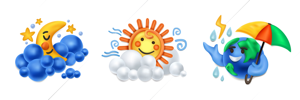 Realistic plasticine weather set with three isolated compositions of sun moon and cloud bubble shaped icons vector illustration