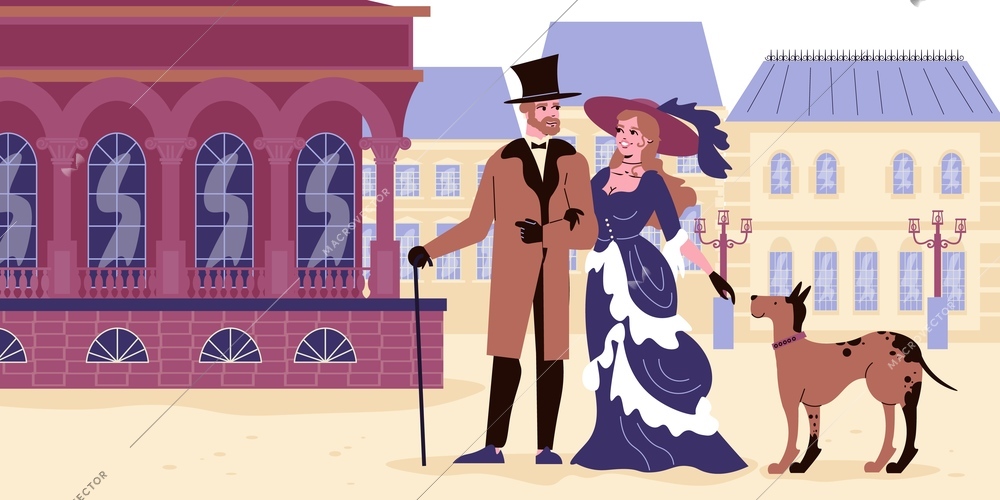 Victorian flat illustration with lady and gentleman dressed in clothes of 18th  century at old city buildings background vector illustration