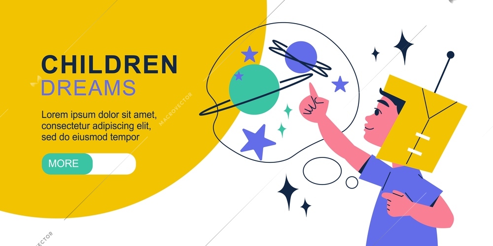 Children dreams horizontal banner with image of little boy dreaming to become astronaut vector illustration