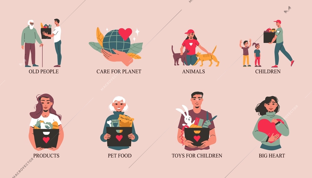 Charity flat color compositions set of volunteer characters helping old people children animals with food toys and clothe isolated vector illustration