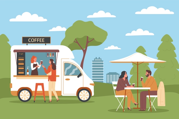 Coffee shop flat background with people buying drinks at food truck and sitting at outdoor table vector illustration