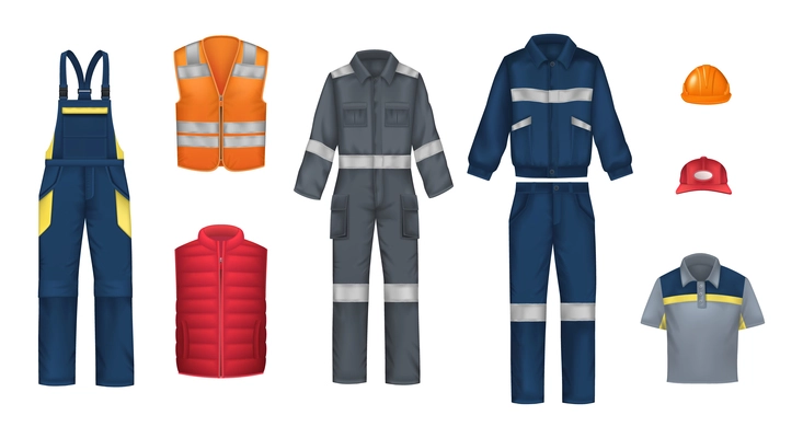 Workwear uniform realistic set with isolated icons of hats overall suits and vests on blank background vector illustration