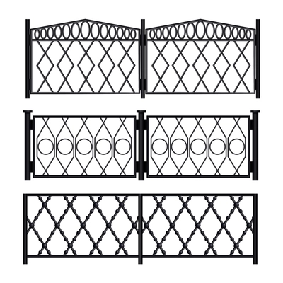 Retro wrought iron fence realistic set isolated on white background monochrome vector illustration